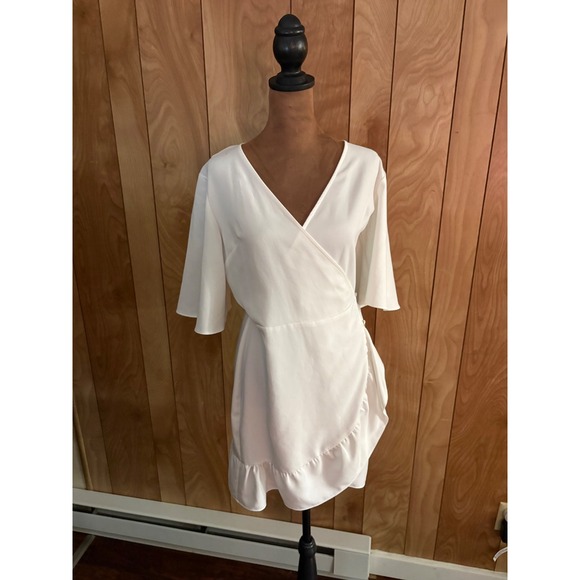 Topshop Dresses & Skirts - Topshop White Wrap Mini Dress Bell Sleeve Ruffle Hem V-Neck Size US 6 UK 10
